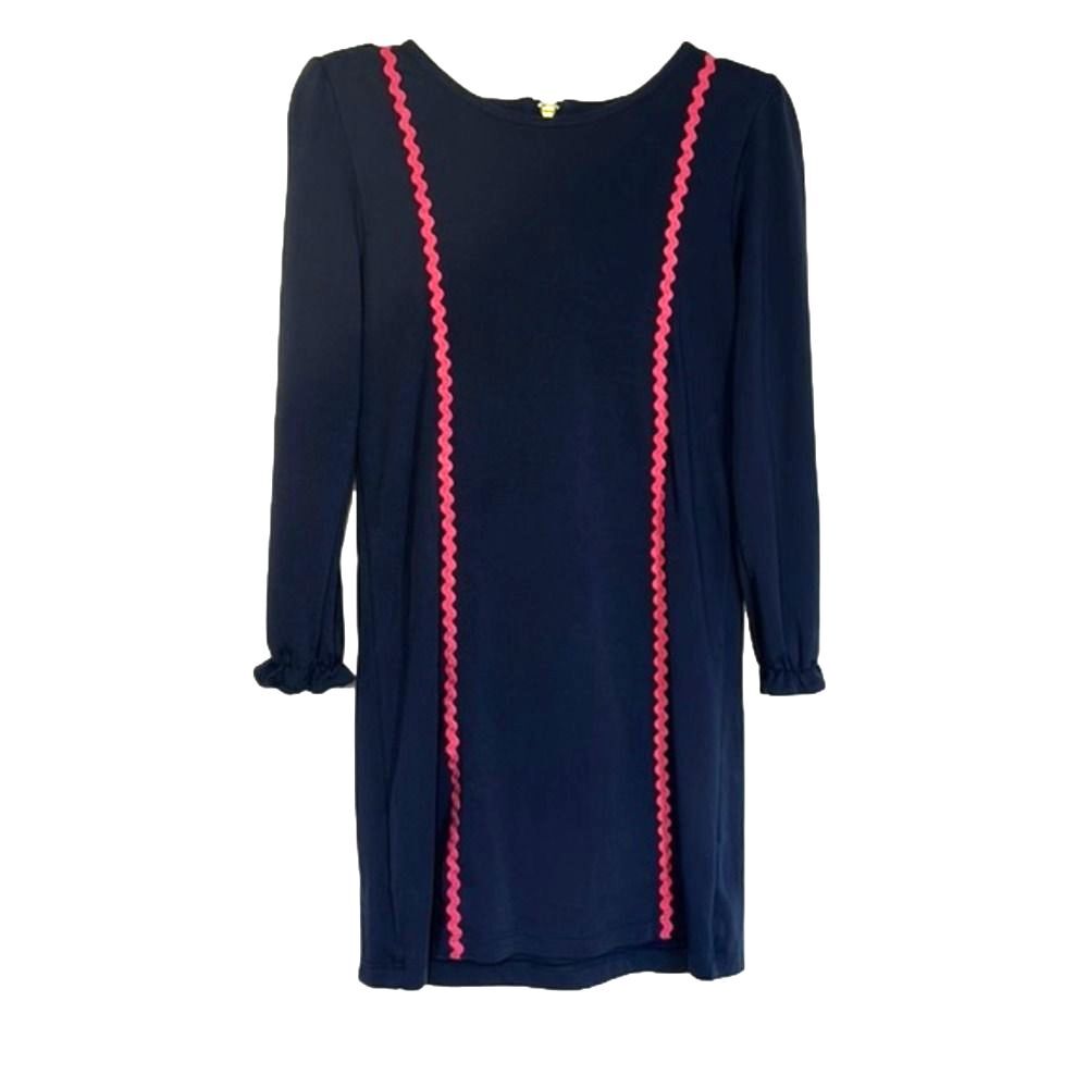 LILA and Hayes Girls Heavy Gauge Navy Blue Dress Long Sleeve Pink Bric Brac Trim